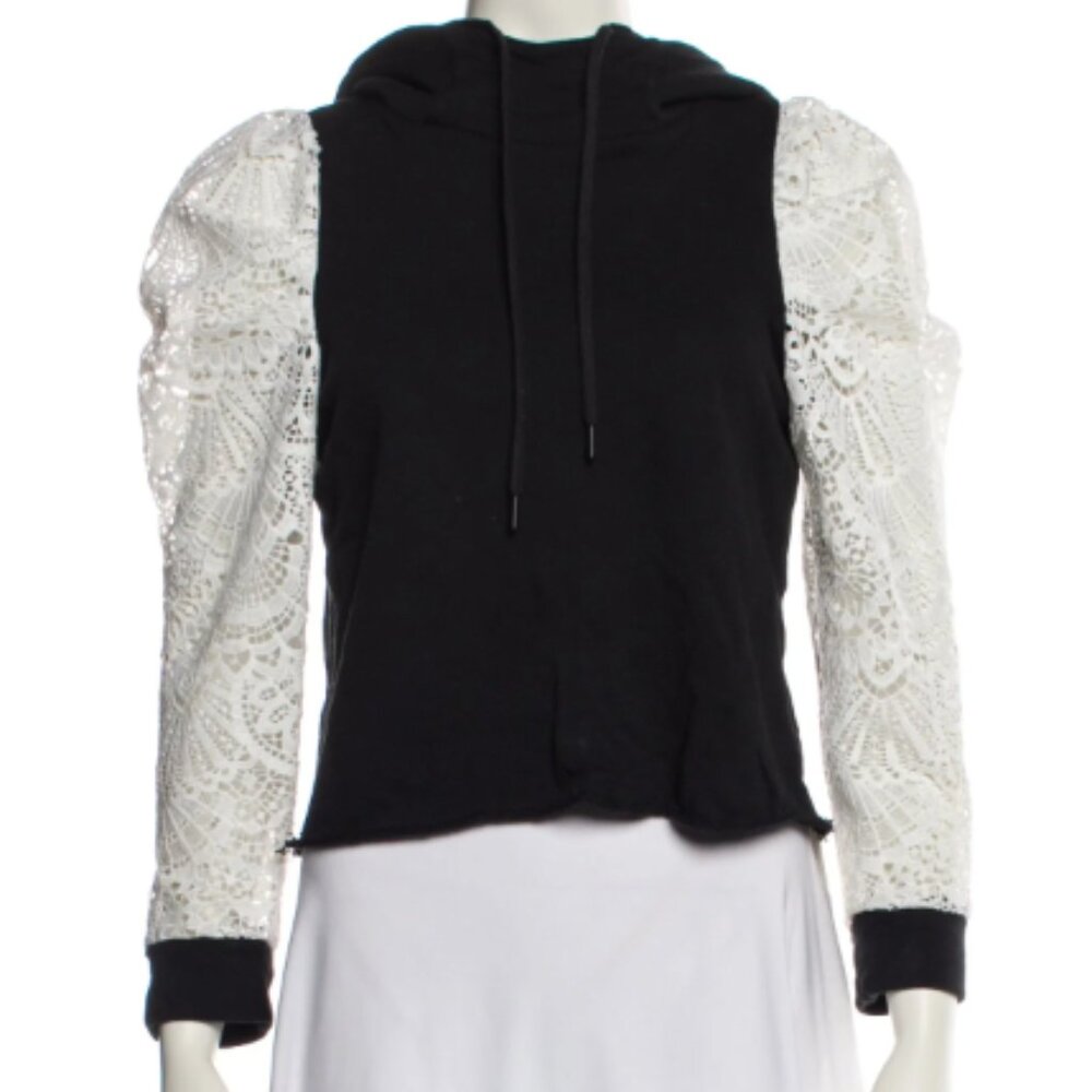 Alice + Olivia Black Cropped Hoodie with White Lace Sleeves - Size Medium M